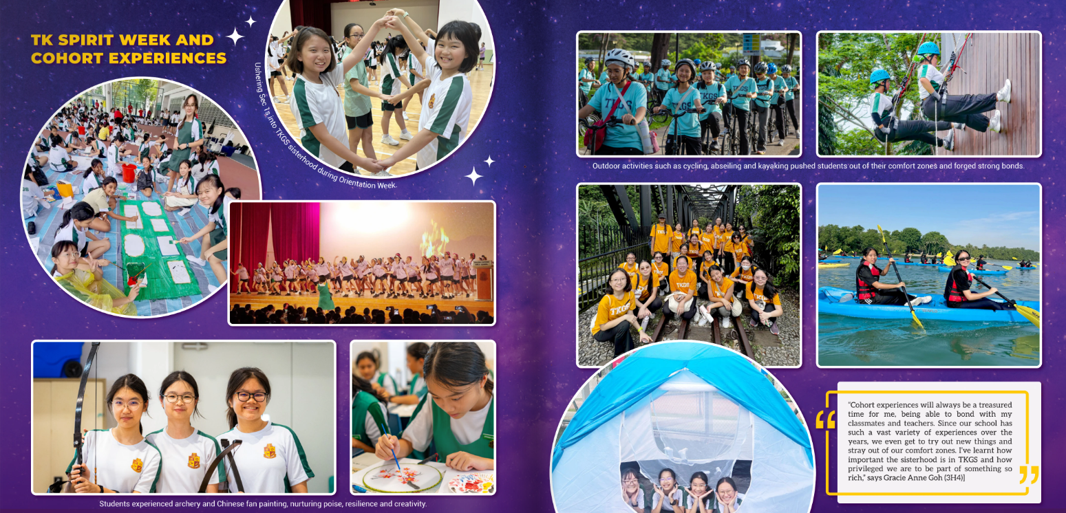 Collage of TKGS students taking part in Spirit Week and cohort experiences, including orientation activities, archery, fan painting, cycling, abseiling and kayaking, building friendships through shared experiences.